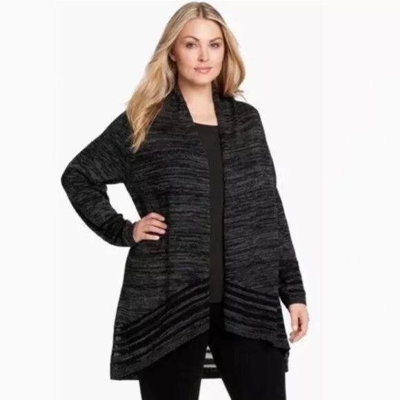 EILEEN FISHER Cardigan XL Marley Organic Cotton Black Gray Space Dye Striped - Picture 1 of 10
